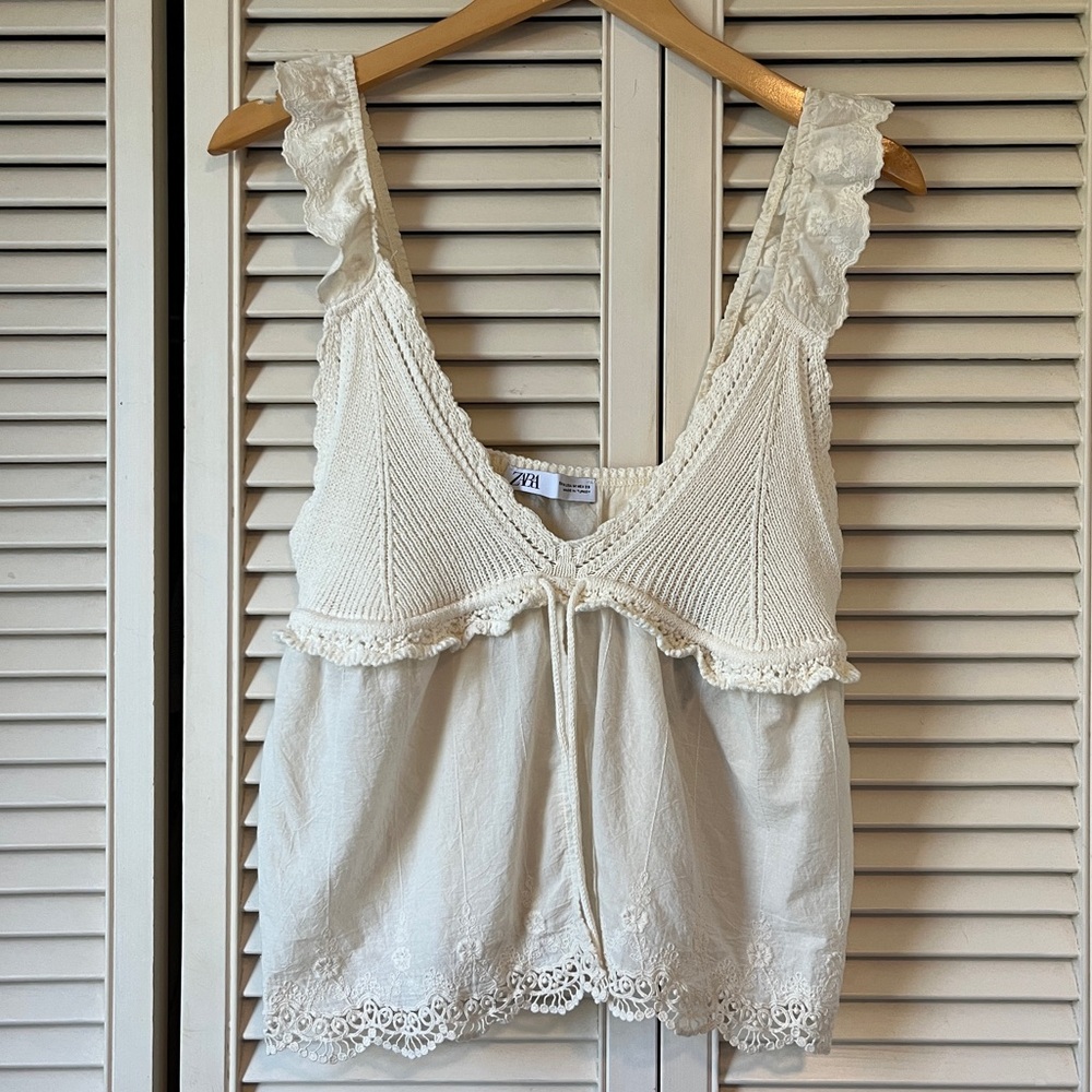 Zara Ivory Crochet and Lace Tie-Front Camisole
